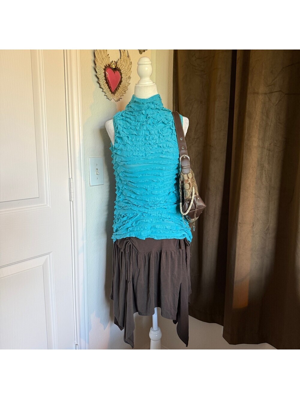 Cocomo Bright Blue Ruffled Frilly Mermaid Core Mock Neck Sleeveless Top Fairy
